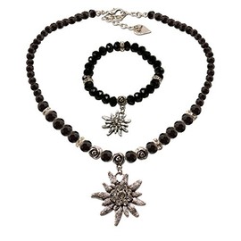 Alpenflüstern Costume Jewellery Set Pearl Costume Necklace and Costume Bracelet Rhinestone Edelweiss – Women's Costume Jewellery Set Dirndl Necklace and Costume Bracelet in Black and Cream White