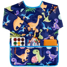 BOUBONI Kids Art Smock Toddler for Girls Boys ages 3-8 with Long Sleeve and 3 Pockets for Painting Activity Kitchen Crafts(Dino-Deep Blue)