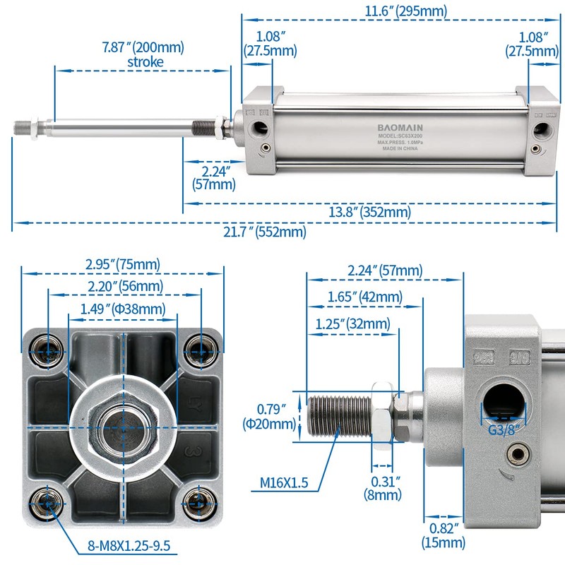 Baomain SC 63x200 Pneumatic Cylinder, 2-1/2" Bore, 8" Stroke, 3/8"