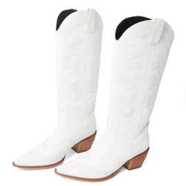 MEOTINA Square Toe Cowboy Boots for Women Cowgirl Booties Mid Calf White Western Shoes Womens Wedding