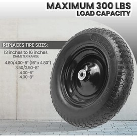 (2-PACK) 4.80/4.00-8" Flat Free Tire and Wheel - Universal Fit 14.5" Solid Wheelbarrow Tires with 3" Hub and 5/8" Bearings – Extra Adapter kit includes 3/4" Ball Bearings, 1" and 1/2" Nylon Spacers