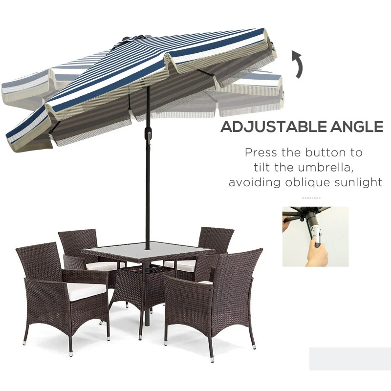 9ft Blue Stripe Garden Umbrella with Tilt Crank and Ruffled