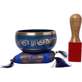 KPAVIR Hand Painted Metal Tibetan Buddhist Singing Bowl Musical Instrument for Meditation with Stick and Cushion(Bowl Size - 4 Inches)(Blue)