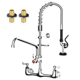 TOLSUNY 25" Height Commercial Sink Faucet, Wall Mount Kitchen Sink Faucet with Pull Down Sprayer, 8" Adjustable Center, 12" Swivel Spout, Heavy Duty Kitchen Faucet Ideal for 1/2 Compartment Sink Use
