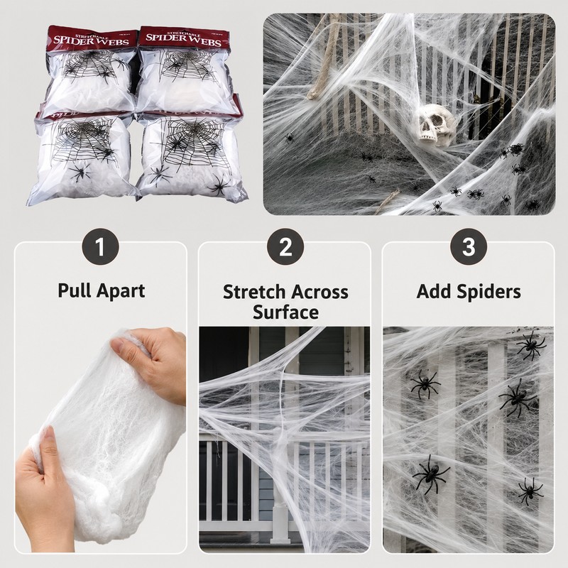 Halloween Spider Web Decorations for Party Décor – 4-Pack Stretchable