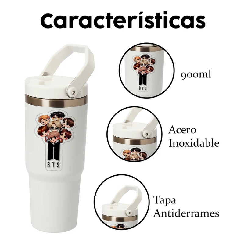 Termo Alto Acero Inoxidable Bts Integrantes Animado Kpop Blanco