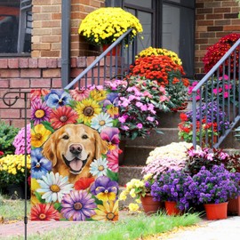 Louise Maelys Welcome Spring Golden Retriever Dog Garden Flag 12x18 Double Sided, Burlap Small Daisy Pansy Flower Garden Yard House Flags Outside Outdoor Summer Porch Lawn Decoration (ONLY FLAG)