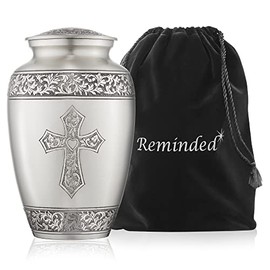 Reminded Adult Cremation Memorial Urn for Human Ashes, Pewter Etched Cross Brass Funeral Urn with Velvet Bag
