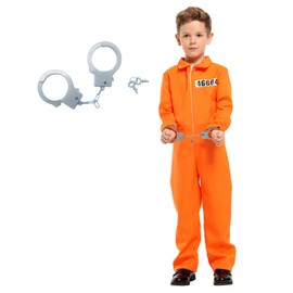 ZNTU Prisoner Costume Kids,Orange Prisoner Jumpsuit with Handcuffs,Jailbird Inmate Prison Uniform (140-150cm)