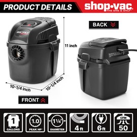 Shop-Vac 2021005 1 Gallon Micro Wet/Dry Vacuum, 1.0 Peak HP, 1.25 Inch Diameter x 4 Foot Hose, 6 Food Cord, Lightweight And Portable, Quick Wet/Dry Pickup