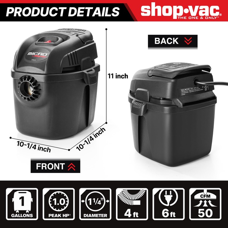 Shop-Vac 2021005 1 Gallon Micro Wet/Dry Vacuum, 1.0 Peak HP,