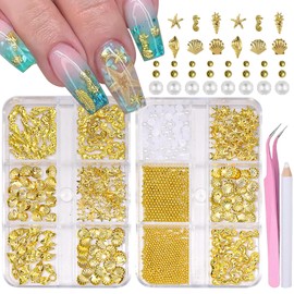MOLILON Summer Ocean Nail Charms Set, 3D Steel Studs Metal Art Charms with Pick Up Pen & Tweezers, 3D Metal Nail Decals, Ocean Theme Designs Nail Supplies for Women Girls Manicure 12 Grid