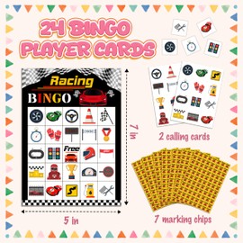 QUDNCR Racing Bingo Game, Race Car Party Bingo Cards for Adults, Racing Parties Supplies, Birthday Party Favors for 24 Players, 03