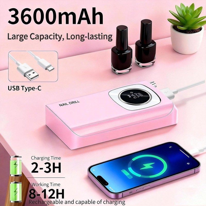 Professional Electric Nail Drill 45000RPM, Portable Rechargeable Electric Nail File