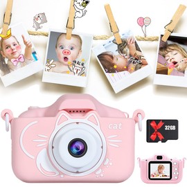 MOXIMX Cámara Digital para Niños, Cámara de Fotos Infantil 1080P con Pantalla de Protección Ocular IPS de 2,0" con Tarjeta SD de 32 GB, Regalos de Juguete para Niños y Niñas de 3 a 12 Años (Rosa)