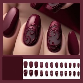 24 uñas postizas cuadradas medianas con diseño floral retro, diseño en relieve 3D, estilo gótico burdeos, uñas acrílicas brillantes de cobertura compl