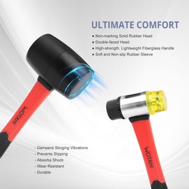 WOTAHI 2-Piece Hammer Set - 16 oz Rubber Mallet Hammer and 35 mm Double-Faced Soft Hammer with Solid Head and Soft Grip Fiberglass Handle,2 Piece Rubber Mallet Set