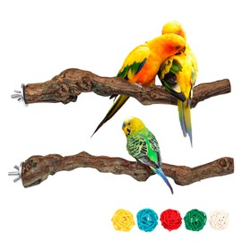 2 Pack Bird Perch Stand,Natural Wood Bird Stand for Cage, 5Pcs Chew Balls and Grape Stick Climbing Standing Branches Toy Parakeet Toys Cage Accessories Toy Branches for Parakeet, Budgies, Lovebirds (Straight)