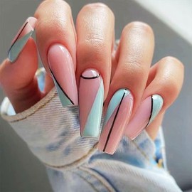 KXAMELIE Long press on nails with designs, abstract fake nails, square stick on nails for women, thick coffin nails, acrylic nails, press on for nail art, decoration, manicure, 24 pieces