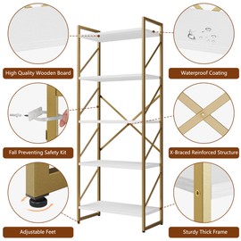Shintenchi 5 Tiers Bookshelf, Classically Tall Bookcase Shelf,Industrial Book Rack,Modern Book Holder in Bedroom/Living Room/Home/Office, Storage Rack Shelves for Books/Movies,Gold