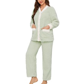 LYCY Women's Plush Fleece Pajama Set,Soft Cozy Pajama for Women Warm Sleepwear Lounge PJS（Light Green+White，M）