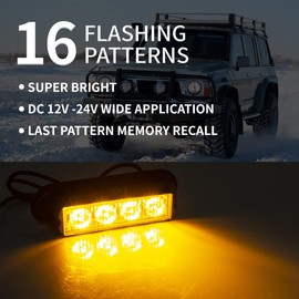 FXC 2pcs 4-LED Surface Mount Flashing Strobe Lights for Truck Car Vehicle LED Grille Light Emergency Beacon Caution Hazard Warning lights (Amber/Amber)