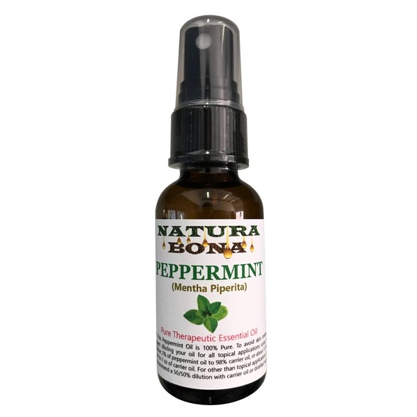 Natura Bona Peppermint Essential Oil Spray - 100% Pure All Natural Therapeutic Grade for Multiple Home and Aromatherapy Uses. (1oz Amber Glass Bottle)
