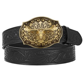 JASGOOD Mens Western Cowboy Belt Buckles for Men,1.5" Wide Genuine Leather Belt Cowgirl Mens Leather Belt for Jeans Black