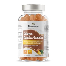 Pharmanostix Collagen Complex Gummies - Natural Pineapple Flavour - Hydrolysed Bovine Collagen Supported with Biotin, Vitamin C & Selenium - for Healthy Skin & Hair for Men & Women