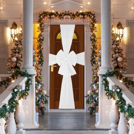 SHATCHI Pack of 3 Christmas White 7.5m Diamante Giant Bow Cover-Front Door Xmas Wedding, Baby Shower Outside Home Decor, Organza