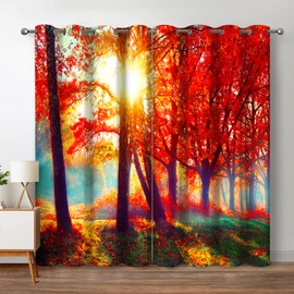 Jekeno Forest Blackout Curtains Jungle Autumn Tree Orange Leaves Sunlight Print Fall Nature Scenery Decor Home Bedroom Living Room Grommet Window Drapes 2 Panel Set, 42"x84"