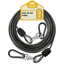 Petbobi Heavy-Duty Dog Tie-Out Cable - 50FT Extra Strong Wire Cable for Large Pets Up to 300Lbs, Rust Proof Dogs Leash with Carabiners and 360° Swivel, Pet Leads for Yard Camping Outside, Black