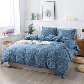 HoneiLife Cotton Duvet Cover Set - 100% Cotton Herbs Pattern Comforter Cover Set, Soft and Breathable Bedding Set with Zipper Closure & Corner Ties, 3pcs(1Duvet Cover+2 Pillow Case)-Blueblack, King