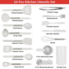 Silicone Kitchen Utensils Set - Culinary Couture 24-Pieces White Silicone Cooking Utensils Set for Nonstick Cookware - Silicone Spatulas Set, Stainless Steel Handle & Other Kitchen accessories