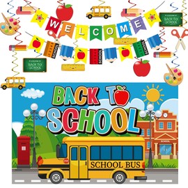 Back to School Decorations, Welcome Garland Banner, School Bus Backdrop, Apples Pencils Scissors Blackboard Hanging Swirls for Classroom, First day of School Photo Props Supplies