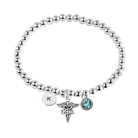 Dental Assistant Silver Beaded Adjustable Bracelet, DA Gift, Non Tarnish Dental Assistant Charm Beaded Adjustable Bracelet Healthcare Professionals (Both)