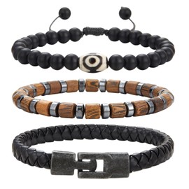 Dazylleco Pack of 3 Pearl Bracelets for Men Natural Stone Bracelet Black Stainless Steel Leather Bracelet Adjustable Jewellery Set Men's Gift Father's Day for Men, Stone, No gemstone