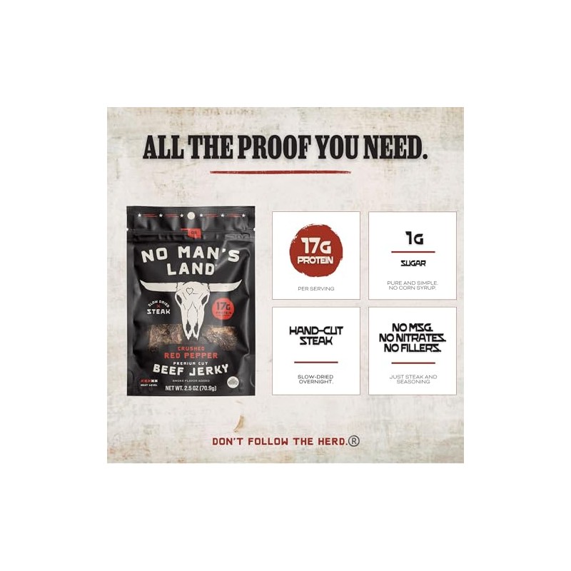 No Man's Land Crushed Red Pepper Beef Jerky, Hand-Cut Steak,