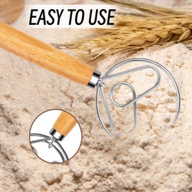 YIGEDA Danish Dough Whisk - Wooden Danish Whisk for Dough with Stainless Steel Dough Hook - Traditional Dutch Whisk - Bread Whisk for Sourdough Bread Baking Supplies & Bread Making Tools