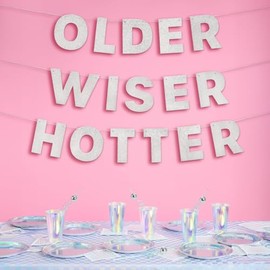 xo, Fetti Older Wiser Hotter Glitter Banner - Silver, 3 Ft. | Fun Birthday Party Decorations, 30th Birthday Decor, HBD, Gag Gift, Photobooth Backdrop