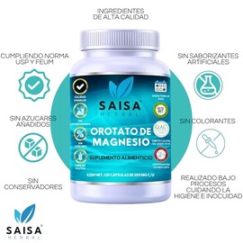 SAISA HERBAL Orotato de Magnesio 100% Puro, 120 Cápsulas | Alta Absorción | Suplemento Alimenticio Natural, Energía