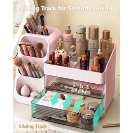 Anylady Makeup Organizer with Drawers, Skincare Organizer (Large Size Thick), Storage Box Cosmetic Display Cases, Make up Organizers for Vanity, Dresser, Desk, Kitchen, Countertop (Pink)