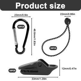 WUSJCOF Tarp Clips Set, Tent Tarp Clips, Tarpaulin Attachment, 10 Tarp Tensioners, Tarp Clips + 10 Nylon Tent Bungees Cords + 10 Carabiner Clips (for Hammock, Camping, Picnic, Hiking)