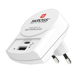 SKROSS - USB charger with USB-C and USB port - for use at home or when travelling in Europe countries with Schuko or Euro plug / 2 USB ports / power supply / 5 V max. 27 W 5.4 A max.