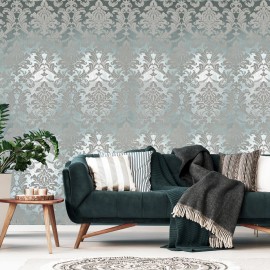 Carl Robinson Teal silver metallic foil matt gray Acanthus Leaves damask Victorian wallpaper - sample 8.5 inches x 11 inches