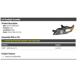 Left Driver Side Headlight Assembly - Compatible with 2007-2008 Acura TL 3.2L V6