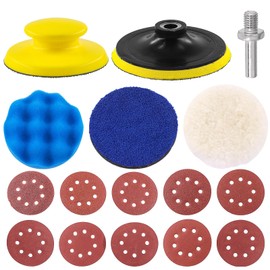 Swpeet 66Pcs 5 inch Sanding Discs Kit, 40 60 80 100 120 180 240 320 400 800 Grit Sand Pad 8 Hole Sander Hook and Loop Plate Polishing Pad, with Sponge Wool Buffing Pads for Drill Grinder Rotary Tools
