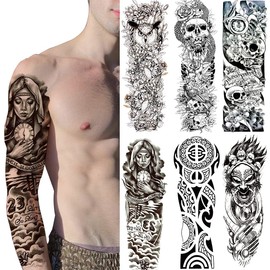 ANIUVOT Large Tattoos for Men, Lifelike, Shoulder to Wrist, Women's, Set of 6 (6.7 x 18.9 inches (17 x 48 cm) Body Seal Tattoos, Virgin, Skull, Tribal Totem, Waterproof, Long Lasting, Tattoo Stick, Easy to Apply to Arms, Legs, Body, Chest, Back, Tattoo, 