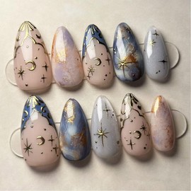 24Pcs Medium Almond Press on Nails French Tip Fake Nails with 3D Gold Star Moon Designs Glitter Starlit Sky Artificial Nails Bohemian Style Acrylic False Nails Almond Shaped Stick on Nails for Women