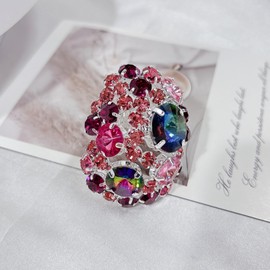 Luxury Pink Rhinestone Cocktail Statement Ring for Women Silver Elegant Thick Chunky Big Geometric Crystal Wrap Finger Knuckle Band Exaggerated Large Open Adjustable Rings Wedding Prom Party Jewelry